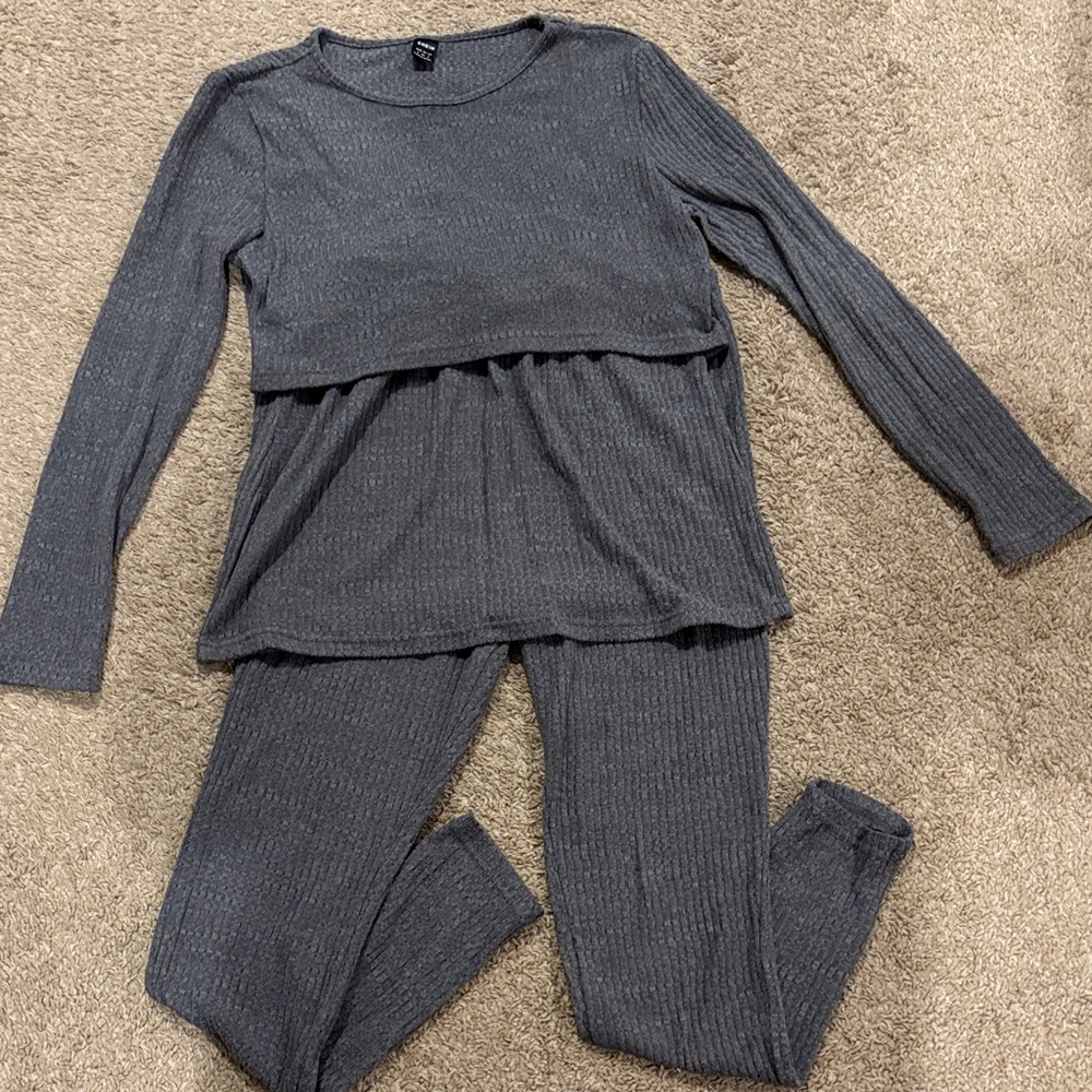 SHEIN Women’s Maternity Dark Gray Ribbed Two-Piece Lounge Set